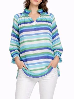 Ann Mashburn Popover Shirt Size XL Striped Split Neck Lightweight Blouse